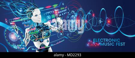 Robot disc jockey at virtual reality turntable. Cyborg DJ plays on sound mixer station at nightclub during party. Electronic music festival background. Robot tweak various track controls on dj deck. Stock Vector