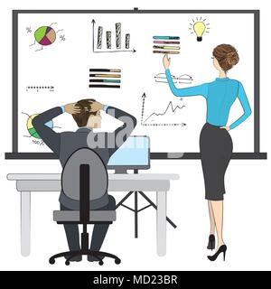 Office work or brainstorming, Business man and woman, board with finance sign and icon,stock vector illustration Stock Vector