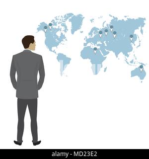 Businessman  full length back view isolated , world map on background , stock flat vector illustration Stock Vector