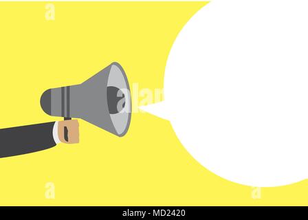 Flat design illustration of human hand holding megaphone with bubble speech template on yellow background , cartoon vector illustration Stock Vector