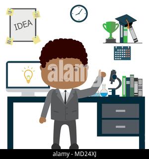 African american man scientist or office worker in office,idea concept,cartoon funny stock vector illustration Stock Vector