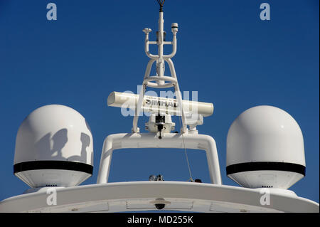 YACHTS AND SUPER YACHTS ANTENNA MAST - SATELLITES DOMES - BOATS RADARS -GPS NAVIGATION- SEA NAVIGATION SYSTEM - YACHTS CANNES FRANCE © F.BEAUMONT Stock Photo