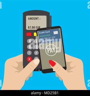 Pos terminal and Hand holding smartphone with credit card on screen.nfc payments concept. Vector illustration in flat design background Stock Vector