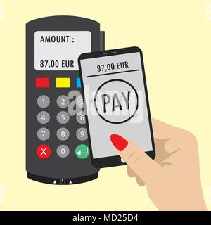 Pos terminal and Hand holding smartphone.nfc payments concept. Vector illustration in flat design background Stock Vector