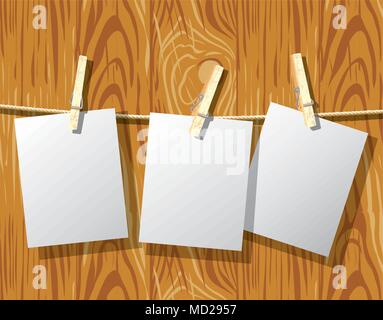 Mockup rope clothespins and wood wall background Stock Vector