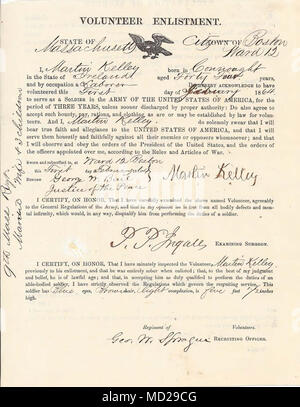 HANSCOM AIR FORCE BASE -- Civil War era enlistment papers shows the Martin Kelley of Ireland volunteered to serve in the 9th Massachusetts Infantry Regiment. In the war against slavery, at least 140,000 Irish immigrants and first generation Irish-Americans served in the military. (Courtesy of the Massachusetts National Guard Museum and Archives) Stock Photo