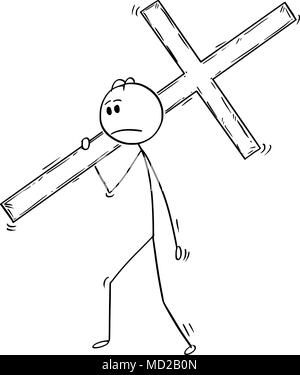 Cartoon of Man or Businessman Carrying Big Wooden Cross Stock Vector
