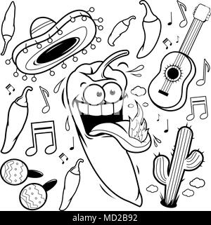 Mariachi chili pepper Mexican collection. Black and white coloring book page. Stock Vector