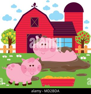 Pigs at the farm pigsty playing in a mud puddle. Cute pig and piglet farm animals in the barnyard farm eating and playing in dirt. Vector illustration Stock Vector