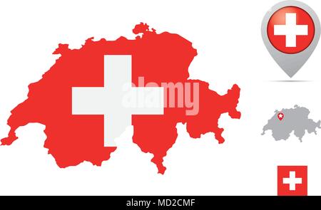 Switzerland map in national flag colors, flag,  marker and location of capital. Stock Vector