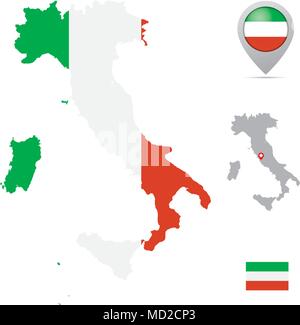 Italy map in national flag colors, flag,  marker and location of capital. Stock Vector