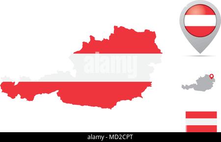 Austria map in national flag colors, flag,  marker and location of capital. Stock Vector