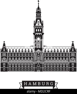 Town hall of Hamburg, Germany. Detailed vector Illustration with banner. Stock Vector