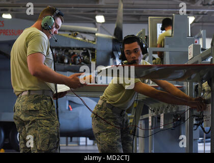 364th Training Squadron is a unit of the 82nd Training Wing at Sheppard Air Force Base in Texas responsible for technical training. The archival image documents hydraulic systems maintenance apprentice course students using a multimeter to test continuity in a flight controls simulator on March 15, 2018. Stock Photo