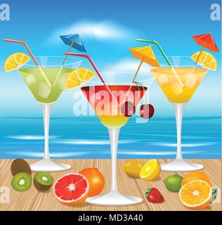 Summer cocktails with pieces of fruit on wooden table and with beach on background Stock Vector