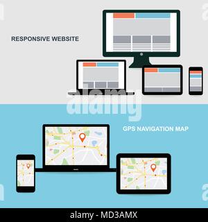 Flat designed banners for responsive website and GPS Navigation map on on media technology devices Stock Vector