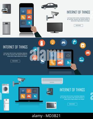Tablet, Laptop, Smartphone with Internet of things (IoT) icons connecting together. Internet networking concept. Remote control concept  for smart hom Stock Vector