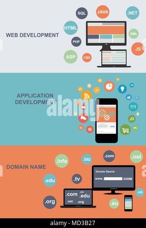 Flat designed banners for web development, domain name and application developmennt Stock Vector