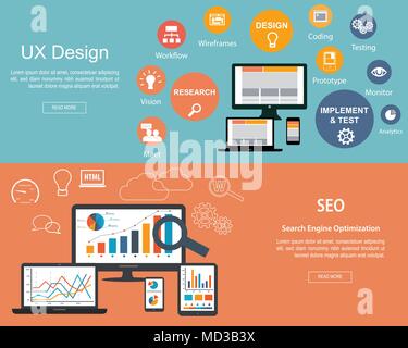 Flat designed banners for UX Design and Search Engine Optimization Stock Vector