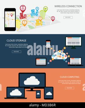 Flat designed banners for Wireless Connection and Cloud Storage Stock Vector