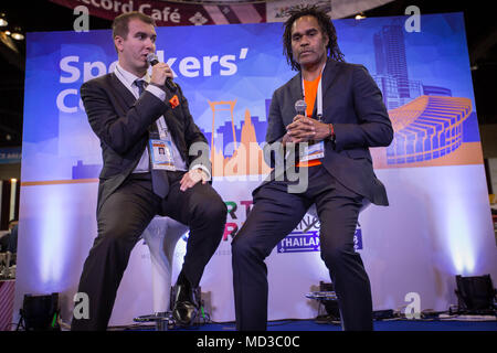 Bangkok, Thailand. 17th Apr, 2018. Ex football player from real Madrid and from France Team also part of French team when they won the World Football Cup 1998 and now currently Global ambassador of Fédération Internationale de Teqball (FITEQ) Christian Karembeu seen at the Speakers' Corner stand during an interview on Teqball Sport at the Sport Accord 2018 in Centara Grand & Bangkok Convention Centre. Credit: Guillaume Payen/SOPA Images/ZUMA Wire/Alamy Live News Stock Photo