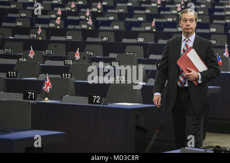 April 18, 2018 - Former UKIP leader Nigel Farage on April 18, 2018 at the EU parliament in the eastern French city of Strasbourg. (Credit Image: ©  via ZUMA Wire) Stock Photo