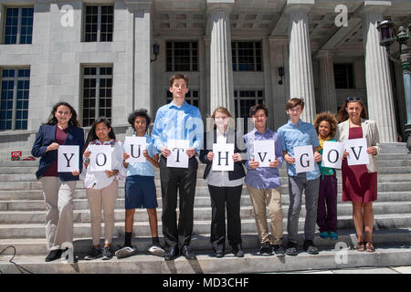 Miami, FLORIDA, USA. 17th Apr, 2018. Youth plaintiffs and their attorneys hold a press briefing on the steps of the Miami-Dade Courthouse in Miami in conjunction with a lawsuit they filed against the state of Florida over climate change on April 16th. The youth are represented by attorneys in Florida and the case is lead by the Oregon based Our Children's Trust legal team. Our Children's Trust has filed similar cases in several states and are leading a historic case against the federal government. Credit: Robin Loznak/ZUMA Wire/Alamy Live News Stock Photo