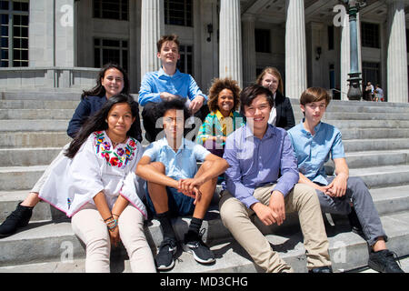 Miami, FLORIDA, USA. 17th Apr, 2018. Youth plaintiffs and their attorneys hold a press briefing on the steps of the Miami-Dade Courthouse in Miami in conjunction with a lawsuit they filed against the state of Florida over climate change on April 16th. The youth are represented by attorneys in Florida and the case is lead by the Oregon based Our Children's Trust legal team. Our Children's Trust has filed similar cases in several states and are leading a historic case against the federal government. Credit: Robin Loznak/ZUMA Wire/Alamy Live News Stock Photo