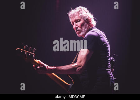 Milan, Italy. 17th Apr, 2018. The music legend, singer and song writer, Roger Waters Performing live on stage at the Assago Forum in Milan for his first 'Us + Them' italian tour concert  Credit: Alessandro Bosio/Alamy Live News Stock Photo