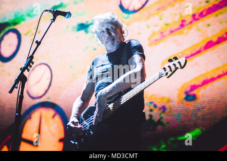 Milan, Italy. 17th Apr, 2018. The music legend, singer and song writer, Roger Waters Performing live on stage at the Assago Forum in Milan for his first 'Us + Them' italian tour concert  Credit: Alessandro Bosio/Alamy Live News Stock Photo