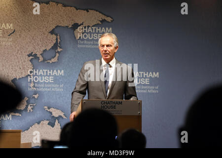 London, UK. 18th April 2018. Former British Prime Minister Tony Blair, speaking at the Chatham House think-tank in London on 18 April, 2018, where he was chairing a discussion with Gambian President Adama Barrow. Credit: Dominic Dudley/Alamy Live News Stock Photo