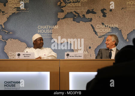 London, UK. 18th April 2018. President Adama Barrow of Gambia (left) and Former British prime minister Tony Blair (right), at an event to discuss political and economic developments in Gambia, at the Chatham House think-tank in London on 18 April, 2018 Credit: Dominic Dudley/Alamy Live News Stock Photo