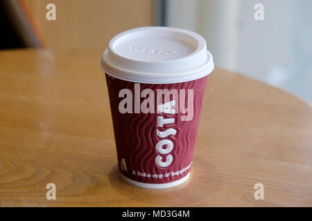 London, UK, 18th April 2018. The UK’s largest coffee chain, Costa Coffee set to recycle around half a billion takeaway cups a year. Credit: Yanice Idir / Alamy Live News Stock Photo