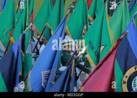 Quezon City, Philippines. 18th Apr, 2018. The Armed Forces of the Philippines (AFP) soldiers march during the AFP's command turnover ceremony inside Camp Aguinaldo of Quezon City, the Philippines, April 18, 2018. Philippine President Rodrigo Duterte named Lt. Gen. Carlito Galvez as the new chief of the AFP on April 5 and the command turnover ceremony was held here on Wednesday. Credit: Rouelle Umali/Xinhua/Alamy Live News Stock Photo