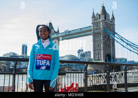 London, UK. 18th April 2018. Tigist Tufa (ETH) during a press photocall ahead of Sunday’s Virgin Money London Marathon. Credit: Elsie Kibue / Alamy Live News Stock Photo