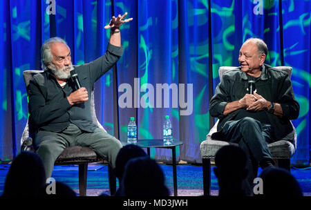 Los Angeles, California, USA. 18th Apr, 2018. TOMMY CHONG (left) and CHEECH MARIN discuss their careers during the GRAMMY Museum's 40th anniversary celebration of their film, 'Up in Smoke. Credit: Brian Cahn/ZUMA Wire/Alamy Live News Stock Photo