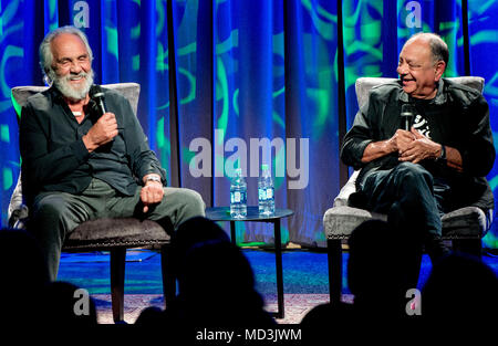 Los Angeles, California, USA. 18th Apr, 2018. TOMMY CHONG (left) and CHEECH MARIN discuss their careers during the GRAMMY Museum's 40th anniversary celebration of their film, 'Up in Smoke. Credit: Brian Cahn/ZUMA Wire/Alamy Live News Stock Photo