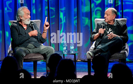 Los Angeles, California, USA. 18th Apr, 2018. TOMMY CHONG (left) and CHEECH MARIN discuss their careers during the GRAMMY Museum's 40th anniversary celebration of their film, 'Up in Smoke. Credit: Brian Cahn/ZUMA Wire/Alamy Live News Stock Photo