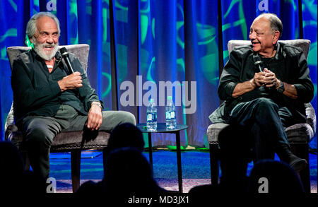 Los Angeles, California, USA. 18th Apr, 2018. TOMMY CHONG (left) and CHEECH MARIN discuss their careers during the GRAMMY Museum's 40th anniversary celebration of their film, 'Up in Smoke. Credit: Brian Cahn/ZUMA Wire/Alamy Live News Stock Photo