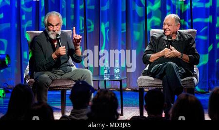 Los Angeles, California, USA. 18th Apr, 2018. TOMMY CHONG (left) and CHEECH MARIN discuss their careers during the GRAMMY Museum's 40th anniversary celebration of their film, 'Up in Smoke. Credit: Brian Cahn/ZUMA Wire/Alamy Live News Stock Photo