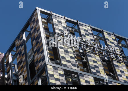 Warrington, UK. 18th Apr, 2018. Warrington Town's Time Square multi-storey car park could be named building of the decade after being shortlisted for BBC North West Tonight's 'People's Choice Building of the Decade Award'. The final vote will open on Friday April 27 and will close on Friday May 3 2018. Name of Warrington Town's Time Square car park above the entrance on a sunny day, 18 April 2018 Credit: John Hopkins/Alamy Live News Stock Photo