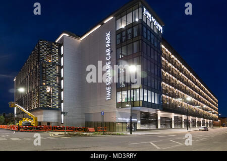 Warrington, UK. 18th Apr, 2018. Warrington Town's Time Square multi-storey car park could be named building of the decade after being shortlisted for BBC North West Tonight's 'People's Choice Building of the Decade Award'. The final vote will open on Friday April 27 and will close on Friday May 3 2018. Warrington Town's Time Square multi-storey car park taken early night time on 18 April 2018 Credit: John Hopkins/Alamy Live News Stock Photo