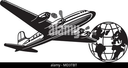 Airplane And Globe - Retro Clipart Illustration Stock Vector