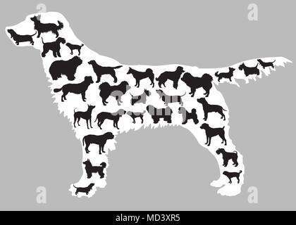 Set of different isolated dogs silhouettes (different standing dogs breeds) in black color inside big standing silhouette of dog in white color. Grey  Stock Vector