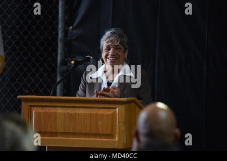 Christine Darden (born 1942) is an American mathematician, data analyst, and aeronautical engineer at NASA who contributed to supersonic flight research and was one of the African American women known as the Hidden Figures. She worked at NASA Langley Research Center beginning in 1967 as a human computer. The archival image records a presentation to Coast Guard personnel at Coast Guard Base Los Angeles-Long Beach in California. Stock Photo