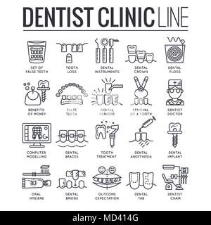 Thin line dentist clinic concept icon set.  Flat outline dent instruments vector illustration concept design. Stock Vector