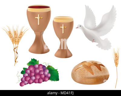 Isolated christian symbols: wood chalice with wine, dove, grapes, bread, ears of wheat. Christian signs. Last supper symbols.3D realistic illustration Stock Photo