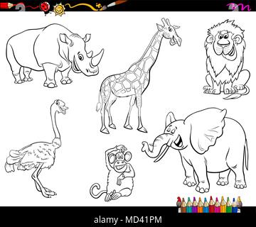 Black and White Cartoon Illustration of Funny Safari Animal Characters Set Coloring Book Stock Vector