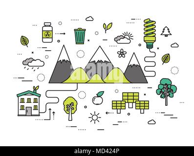 Thin line natural resources modern illustration concept. Infographic way from ecology to clean energy. Icons on isolated white background. Flat vector template design for web and mobile application Stock Vector