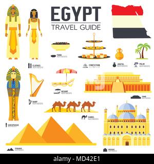 Country Egypt travel vacation guide of goods, places and features. Set of architecture, people, culture, icons background concept. Infographics template design for web and mobile. On flat style Stock Vector